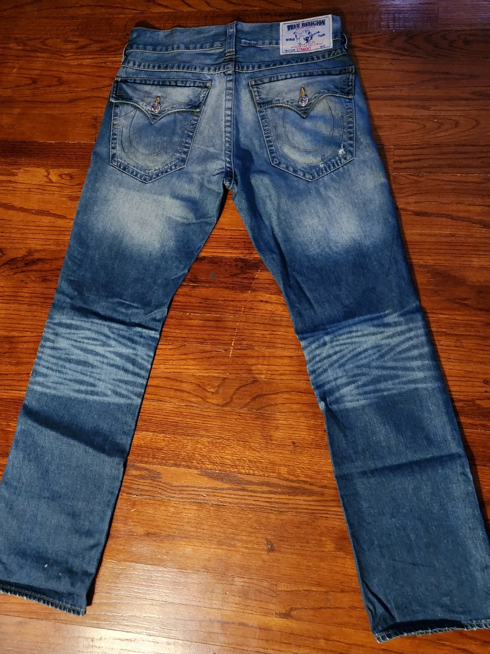 True Religion Men’s Distressed Jeans Blue Denim Faded Whiskered Size 33